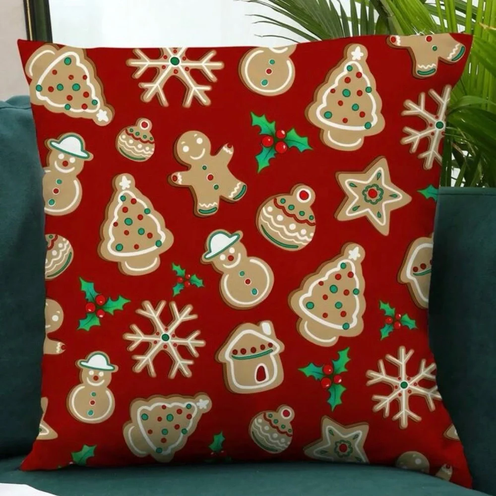 Gingerbread Print Red Christmas Holiday Pillow Cover